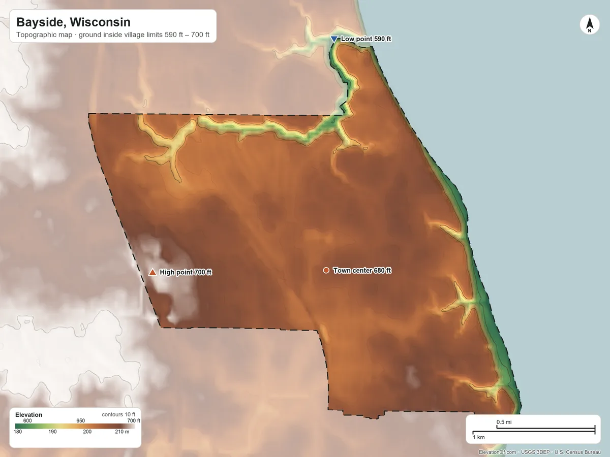 Topographic elevation map of Bayside, Wisconsin, shaded from 590 ft on the north side to 700 ft on the west side