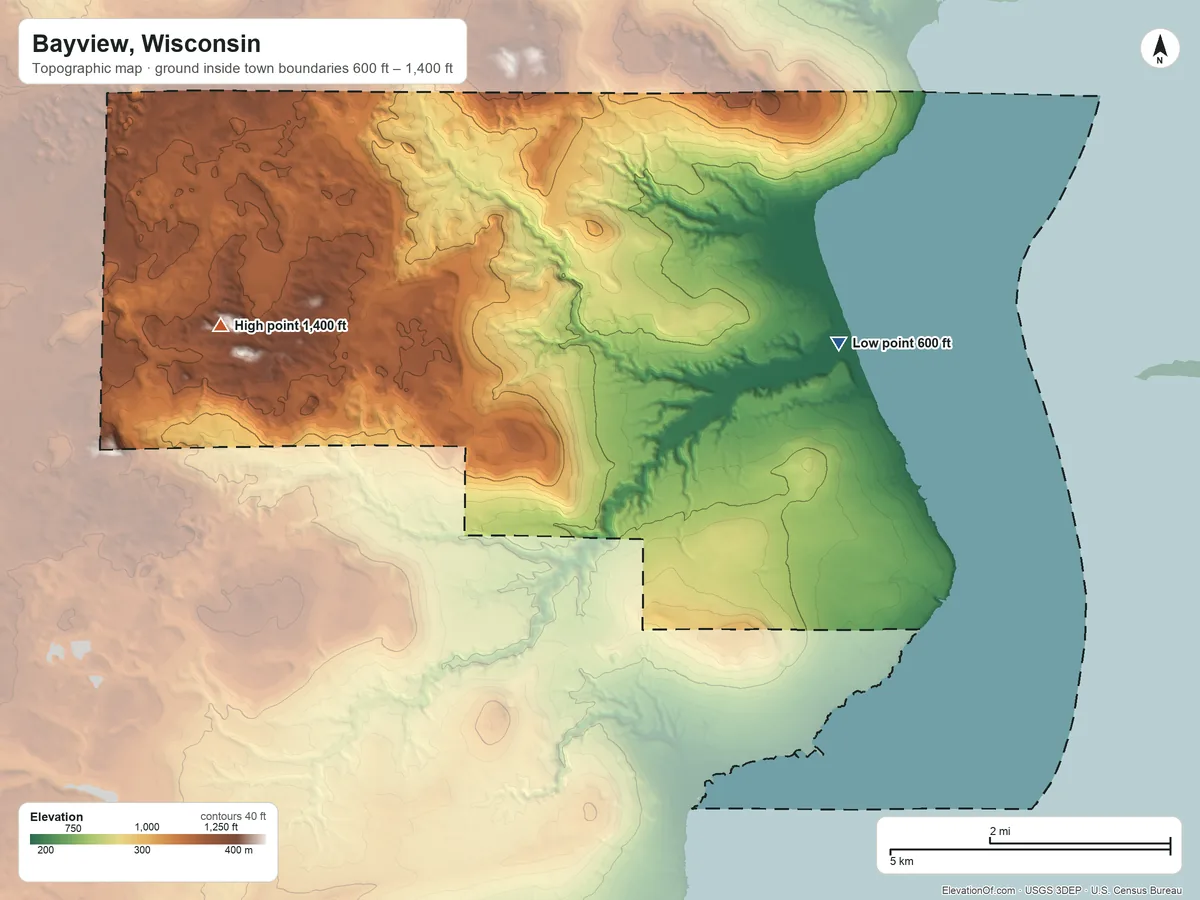 Topographic elevation map of Bayview, Wisconsin, shaded from 600 ft on the northeast side to 1,400 ft on the west side