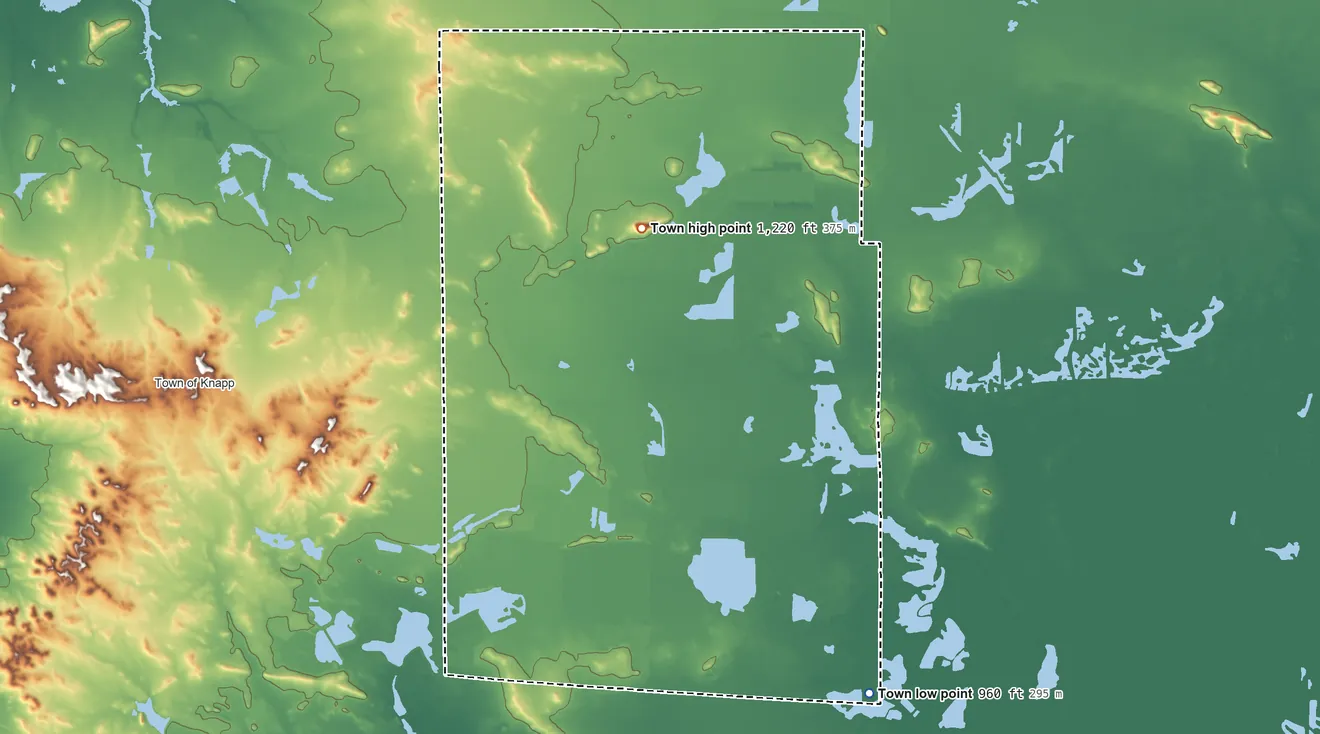 Topographic elevation map of Bear Bluff, Wisconsin, shaded from 960 ft on the southeast side to 1,220 ft on Bear Bluff