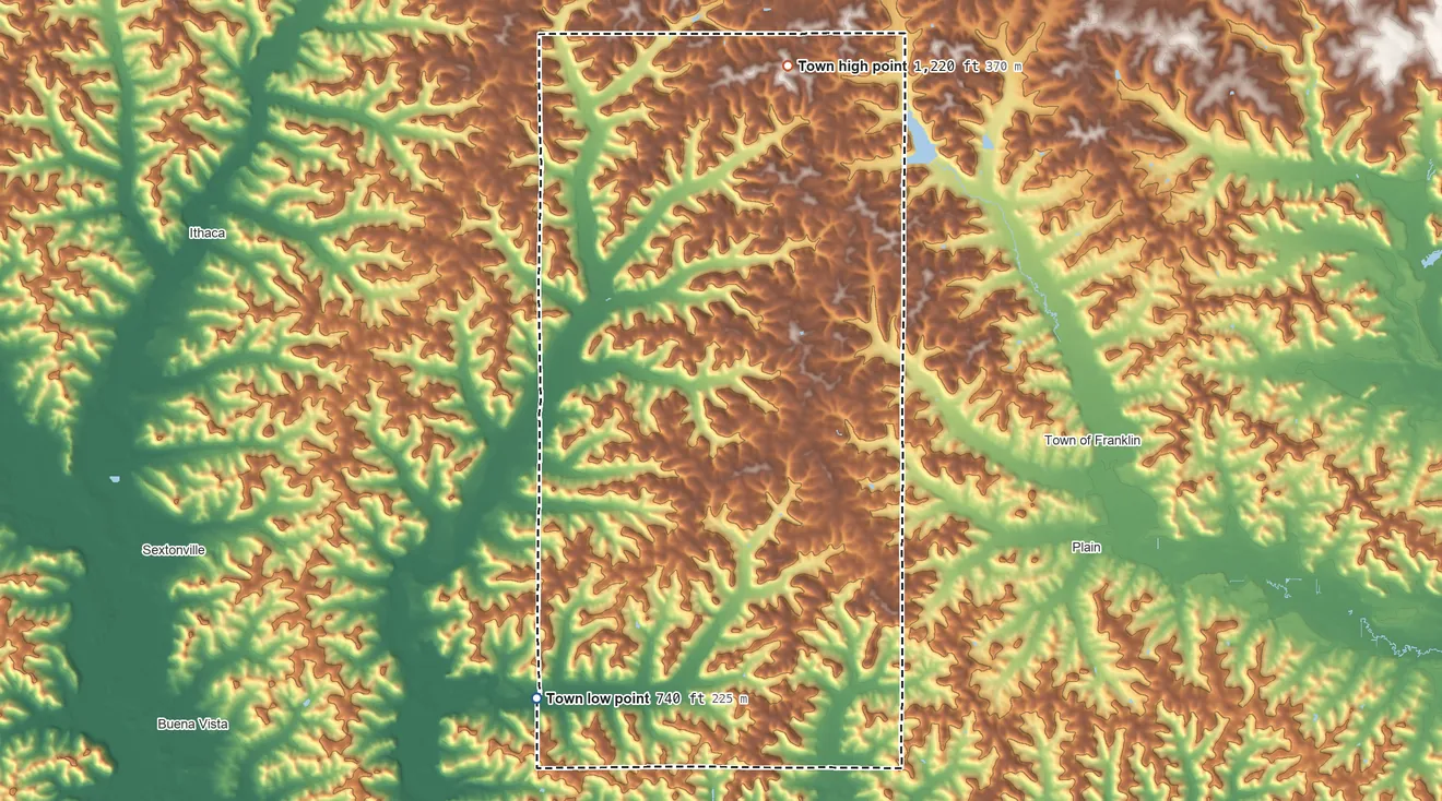 Topographic elevation map of Bear Creek, Sauk County, Wisconsin, shaded from 740 ft on the southwest side to 1,220 ft on the north side