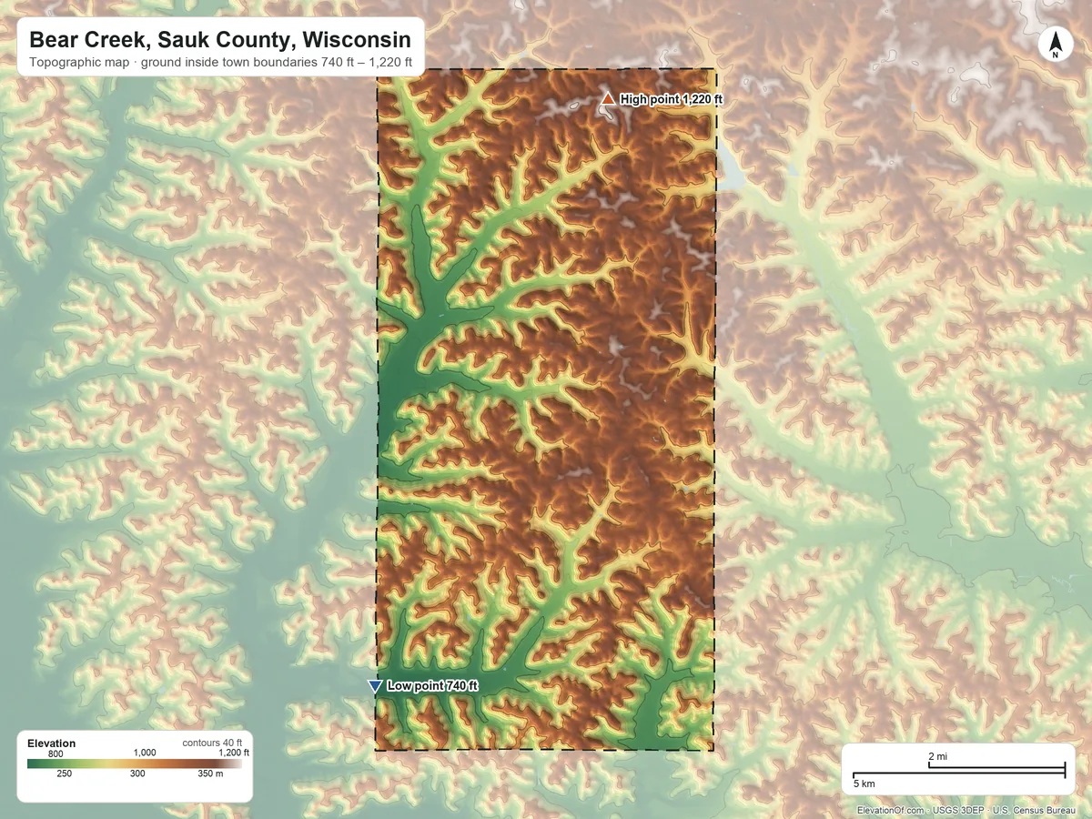 Topographic elevation map of Bear Creek, Sauk County, Wisconsin, shaded from 740 ft on the southwest side to 1,220 ft on the north side