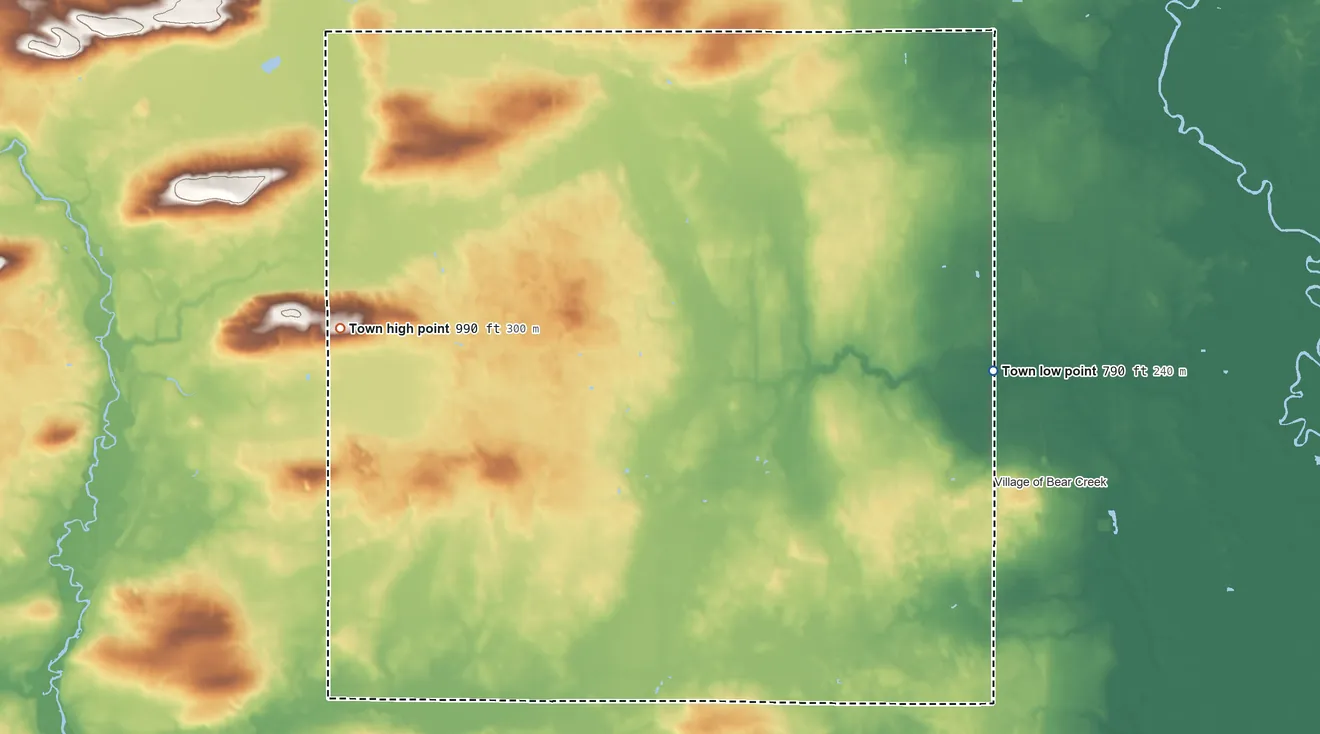 Topographic elevation map of Bear Creek, Wisconsin, shaded from 790 ft on the east side to 990 ft on the west side