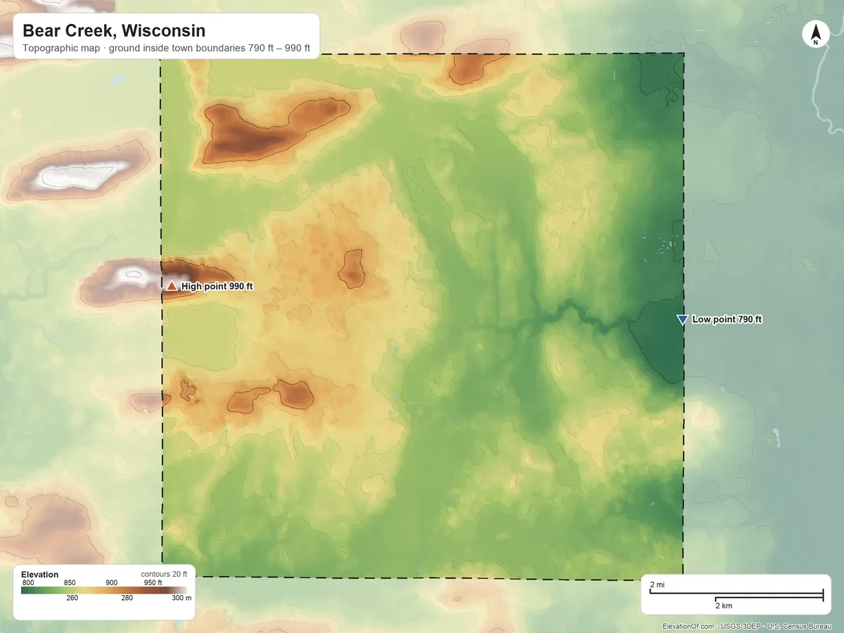 Topographic elevation map of Bear Creek, Wisconsin, shaded from 790 ft on the east side to 990 ft on the west side