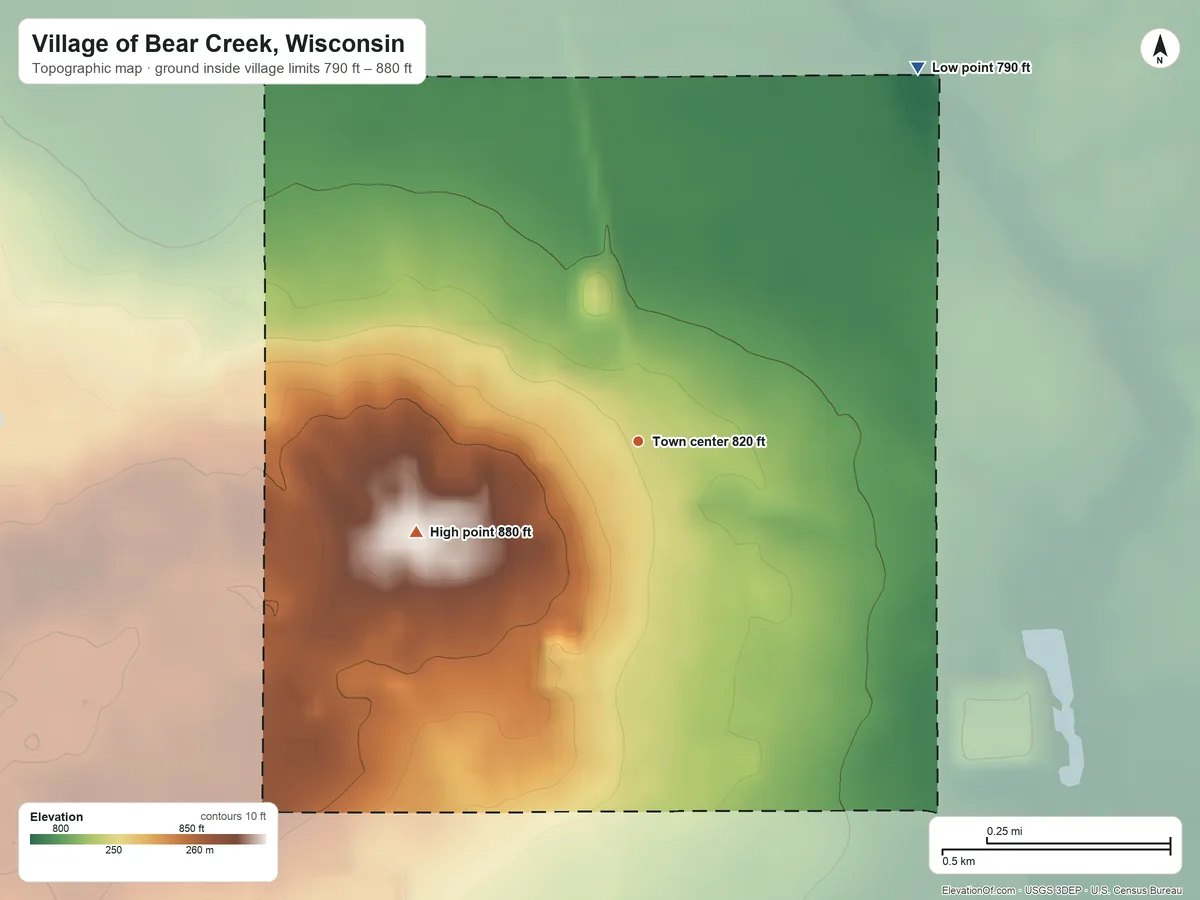 Topographic elevation map of Village of Bear Creek, Wisconsin, shaded from 790 ft on the northeast side to 880 ft on the west side