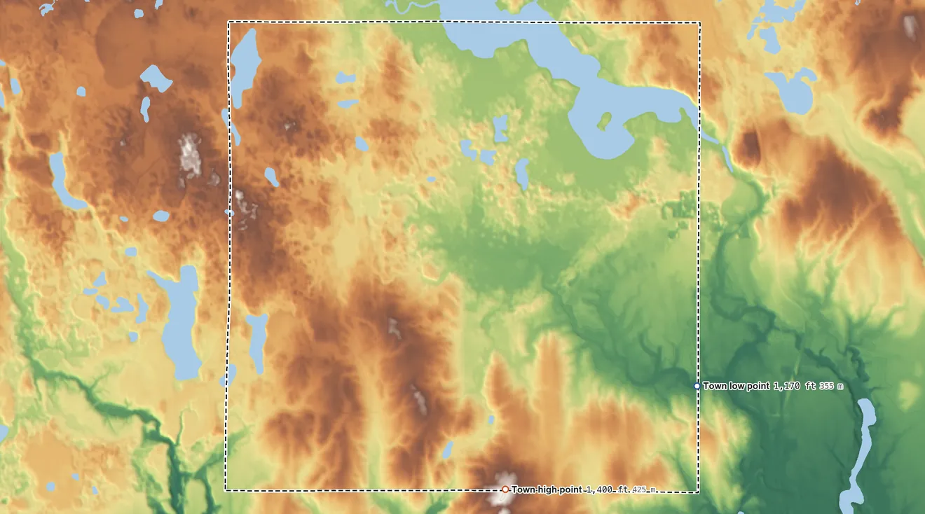 Topographic elevation map of Bear Lake, Wisconsin, shaded from 1,170 ft on the southeast side to 1,400 ft on the south side