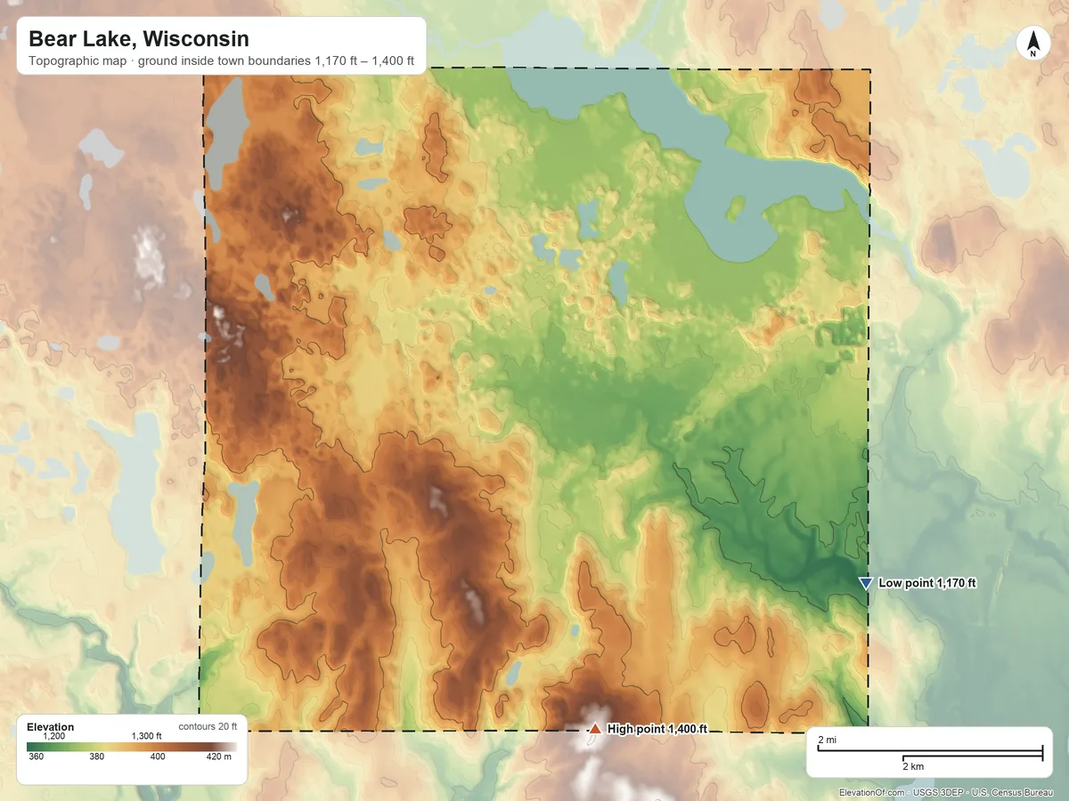 Topographic elevation map of Bear Lake, Wisconsin, shaded from 1,170 ft on the southeast side to 1,400 ft on the south side