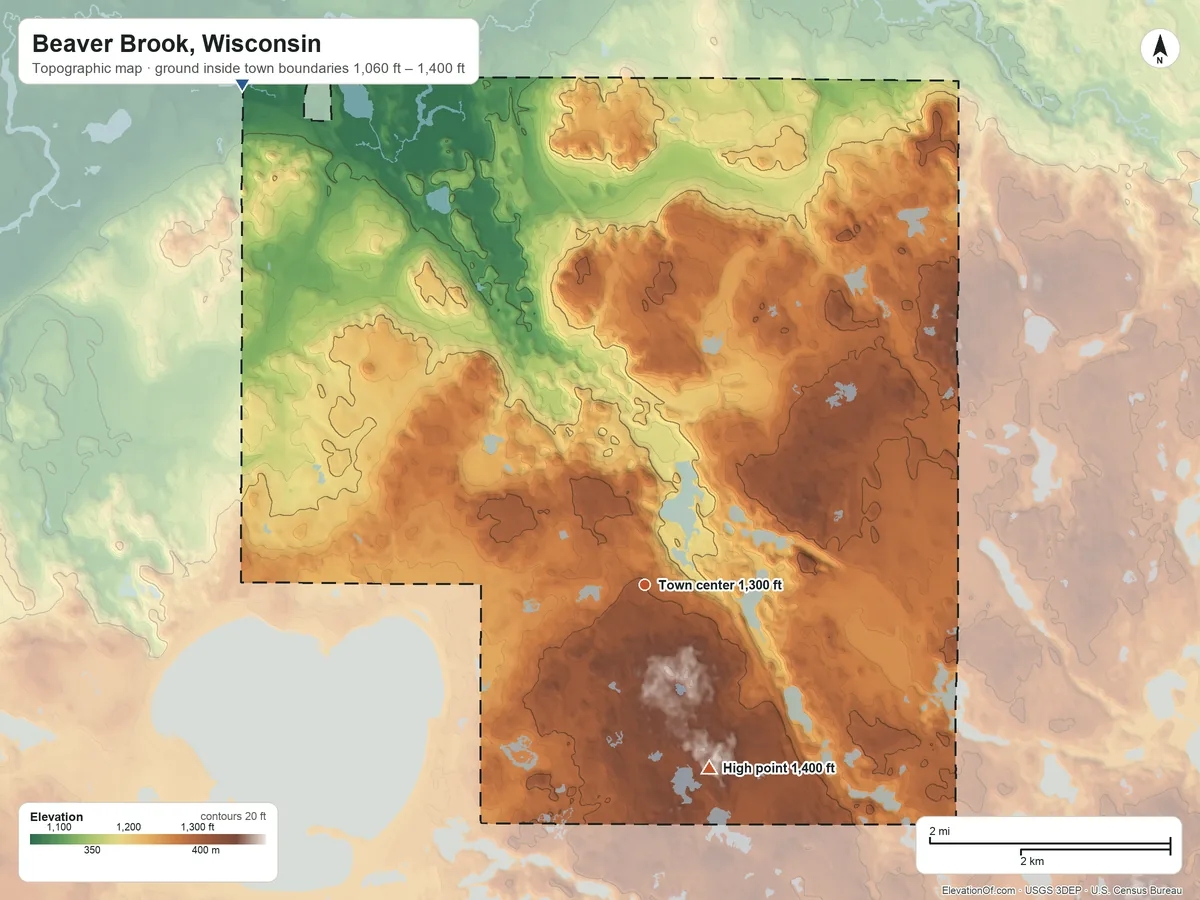 Topographic elevation map of Beaver Brook, Wisconsin, shaded from 1,060 ft on the northwest side to 1,400 ft on the south side