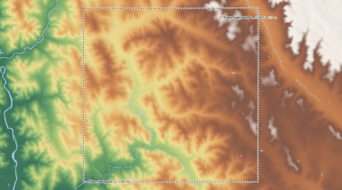 Topographic elevation map of Beaver, Clark County, Wisconsin, shaded from 1,150 ft on the southwest side to 1,350 ft on the northeast side