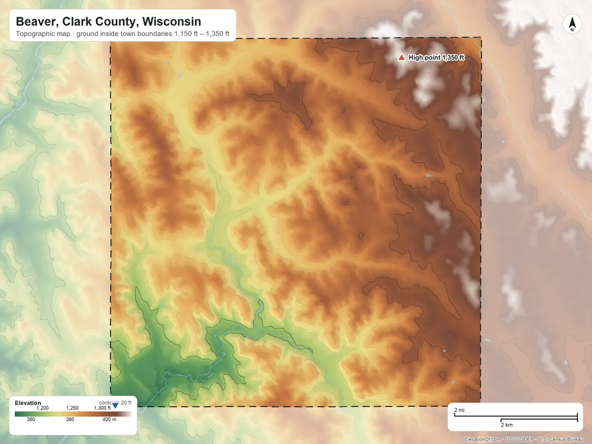 Topographic elevation map of Beaver, Clark County, Wisconsin, shaded from 1,150 ft on the southwest side to 1,350 ft on the northeast side