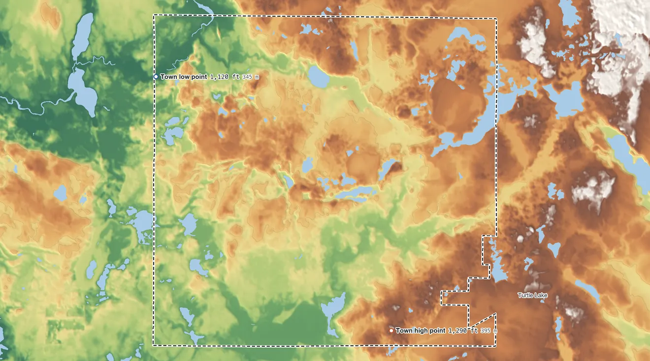 Topographic elevation map of Beaver, Polk County, Wisconsin, shaded from 1,120 ft on the northwest side to 1,290 ft on the south side