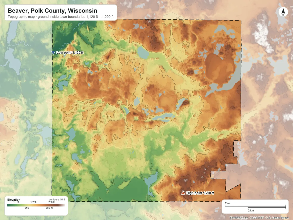 Topographic elevation map of Beaver, Polk County, Wisconsin, shaded from 1,120 ft on the northwest side to 1,290 ft on the south side