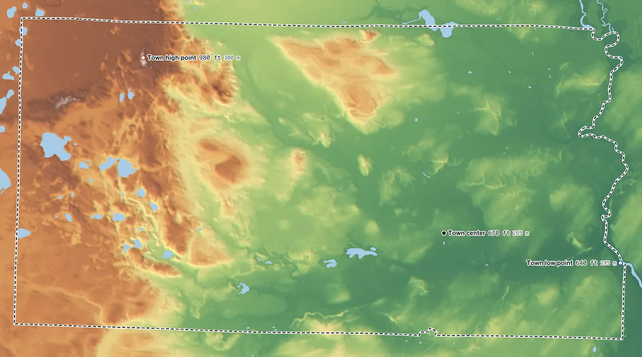 Topographic elevation map of Beaver, Wisconsin, shaded from 640 ft on the east side to 980 ft on the northwest side