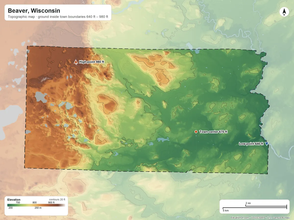 Topographic elevation map of Beaver, Wisconsin, shaded from 640 ft on the east side to 980 ft on the northwest side