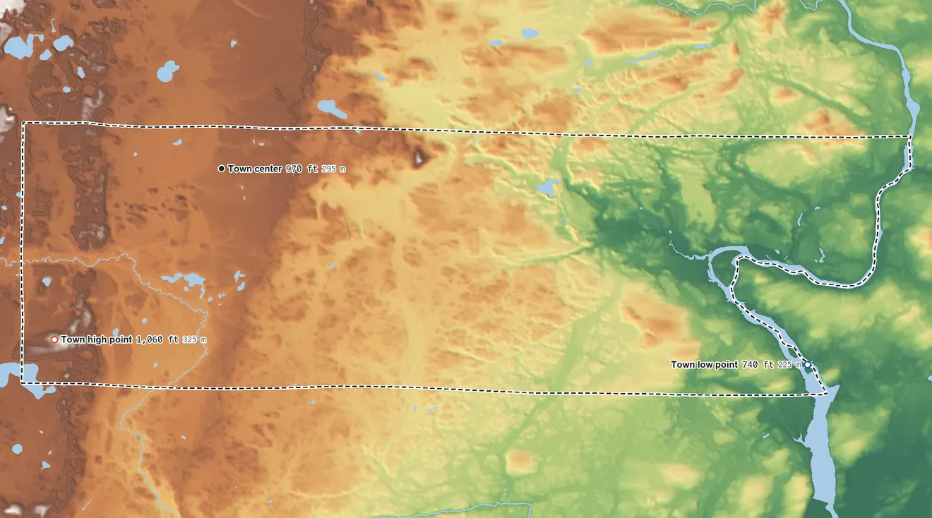 Topographic elevation map of Beecher, Wisconsin, shaded from 740 ft on the east side to 1,060 ft on the southwest side