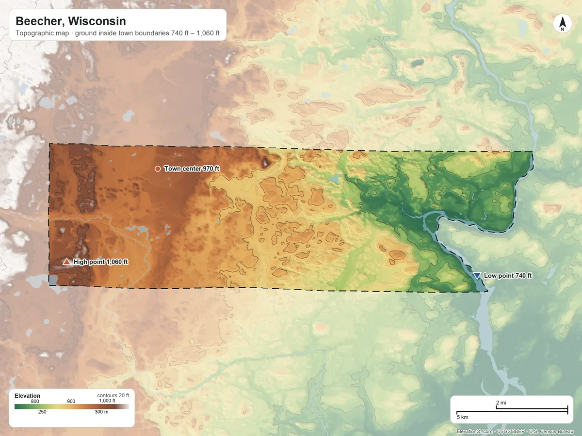 Topographic elevation map of Beecher, Wisconsin, shaded from 740 ft on the east side to 1,060 ft on the southwest side