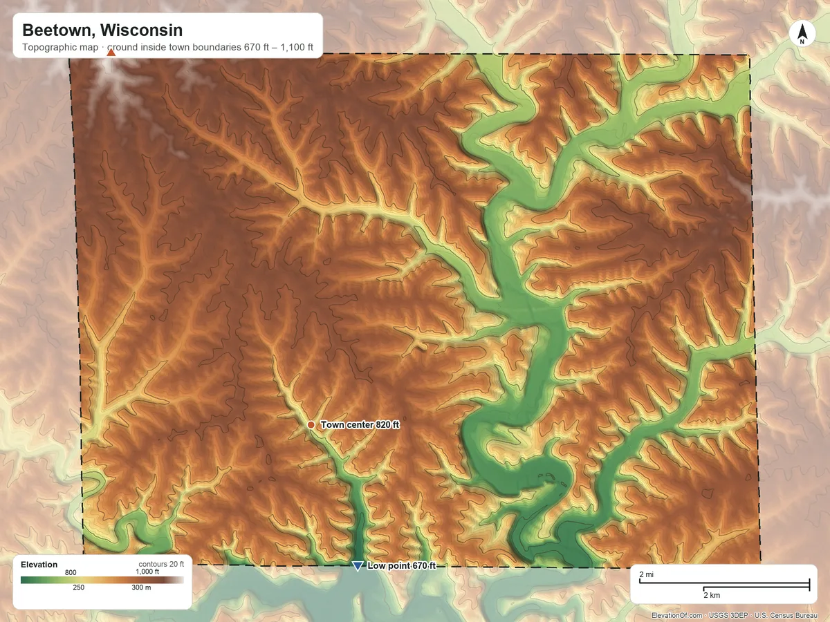 Topographic elevation map of Beetown, Wisconsin, shaded from 670 ft on the south side to 1,100 ft on the northwest side