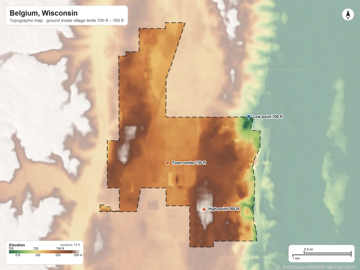 Topographic elevation map of Belgium, Wisconsin, shaded from 700 ft on the northeast side to 760 ft on the southeast side