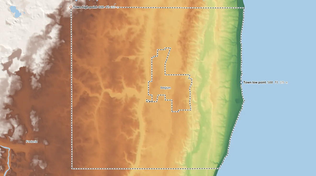 Topographic elevation map of Town of Belgium, Wisconsin, shaded from 580 ft on the east side to 880 ft on the northwest side