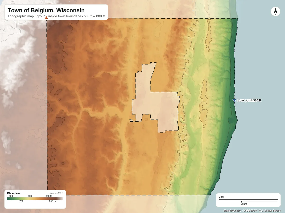 Topographic elevation map of Town of Belgium, Wisconsin, shaded from 580 ft on the east side to 880 ft on the northwest side