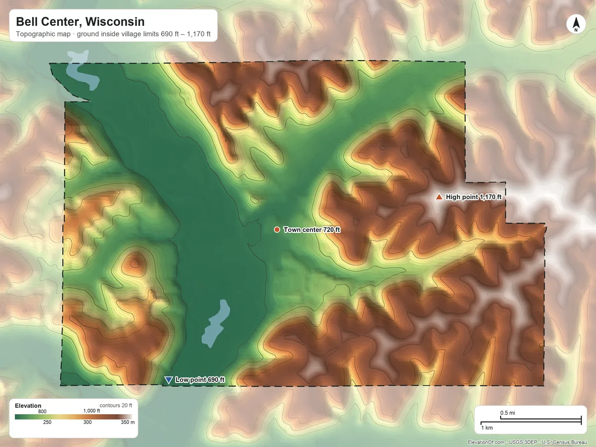 Topographic elevation map of Bell Center, Wisconsin, shaded from 690 ft on the southwest side to 1,170 ft on the east side
