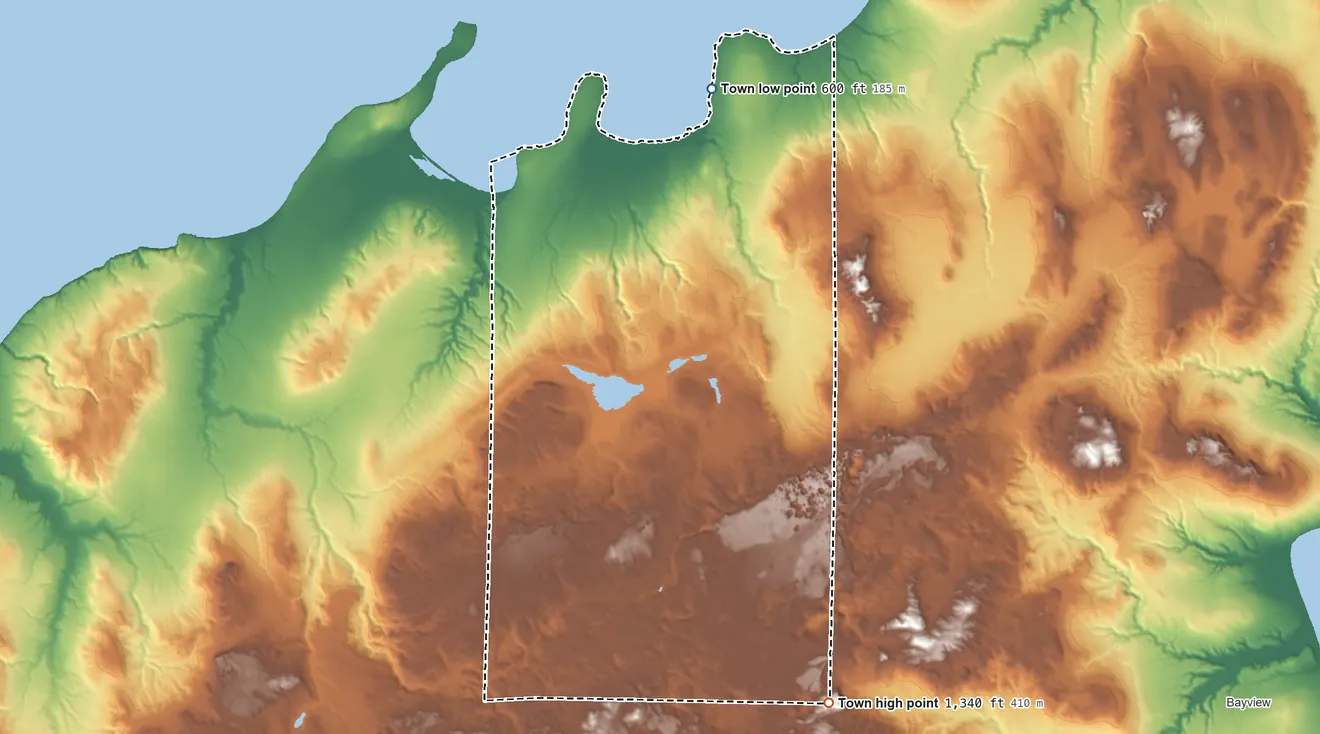 Topographic elevation map of Bell, Wisconsin, shaded from 600 ft on the northeast side to 1,340 ft on the south edge, below higher ground just outside