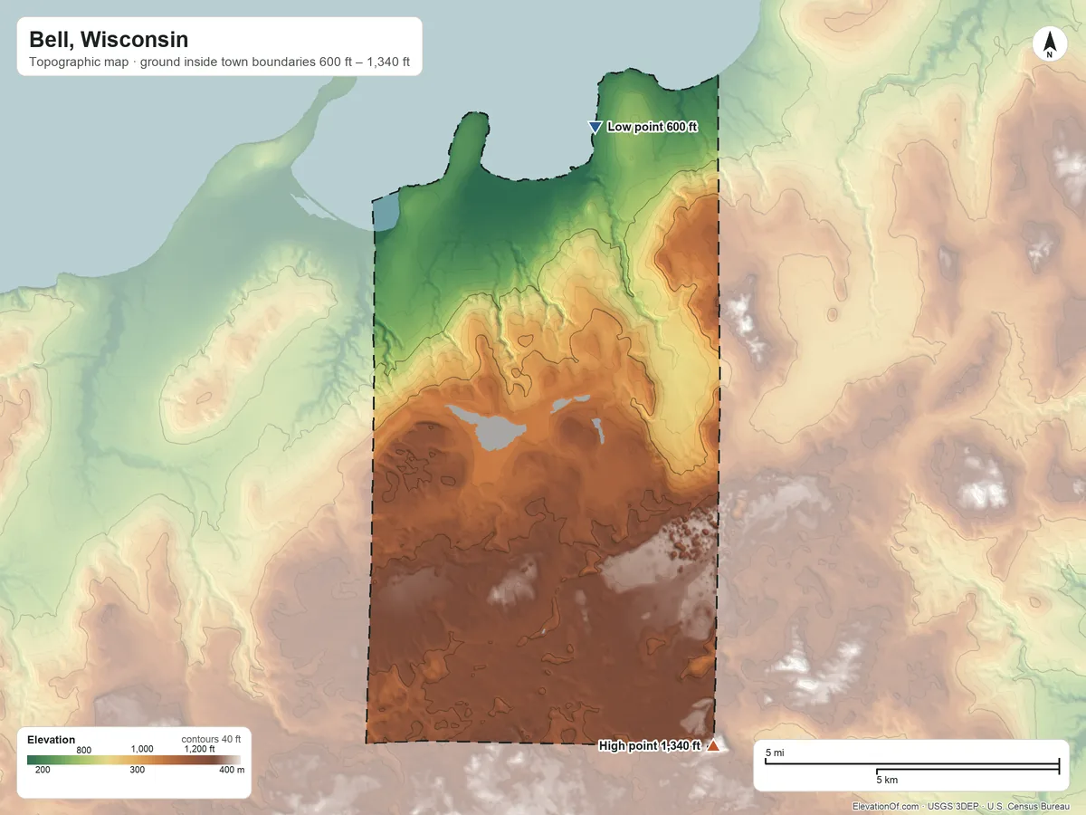 Topographic elevation map of Bell, Wisconsin, shaded from 600 ft on the northeast side to 1,340 ft on the south edge, below higher ground just outside