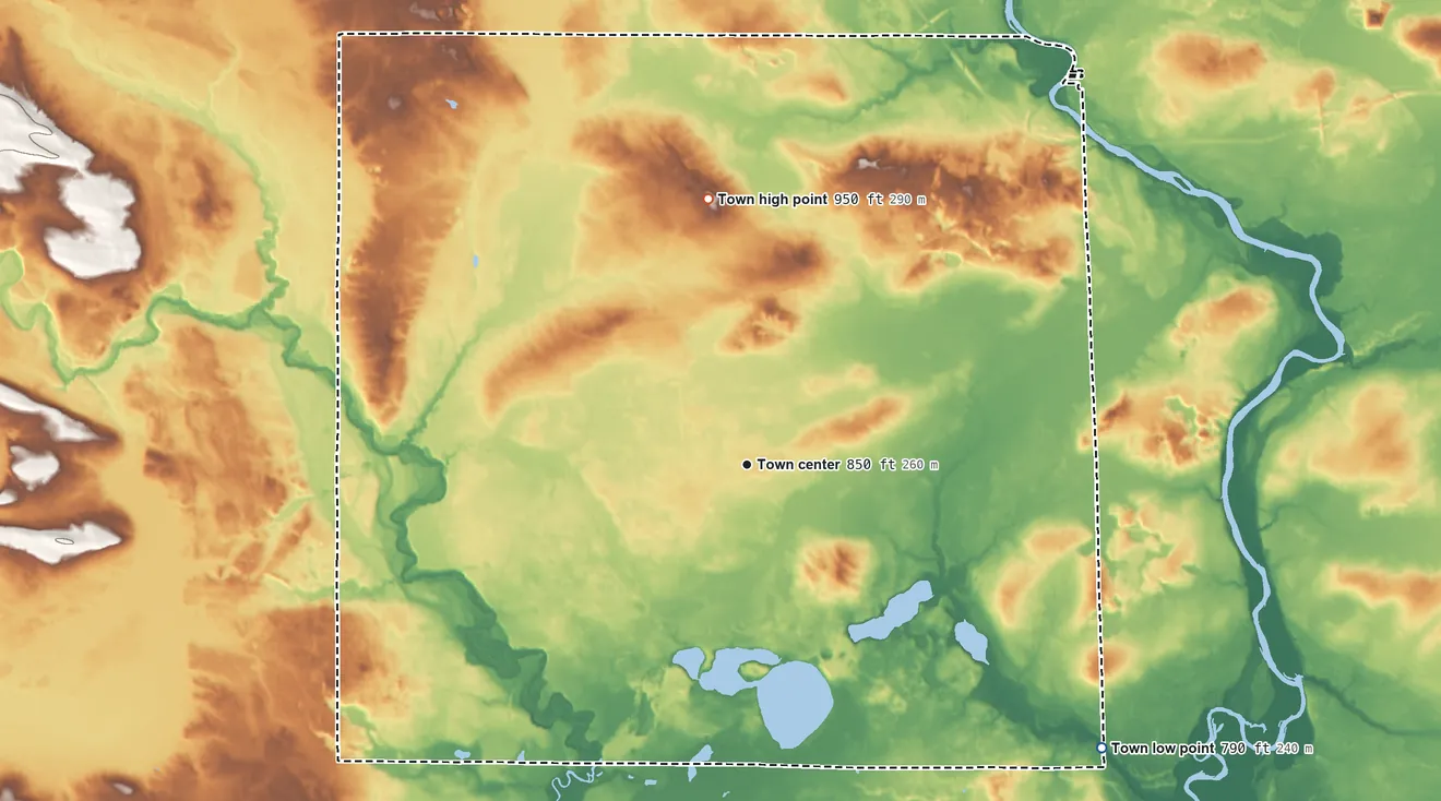 Topographic elevation map of Belle Plaine, Wisconsin, shaded from 790 ft on the southeast side to 950 ft on the north side