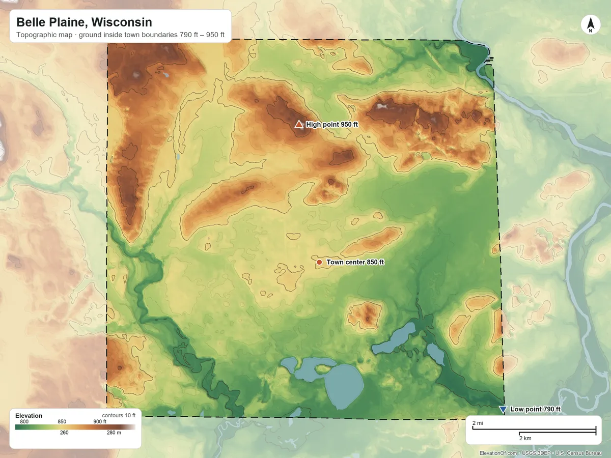 Topographic elevation map of Belle Plaine, Wisconsin, shaded from 790 ft on the southeast side to 950 ft on the north side