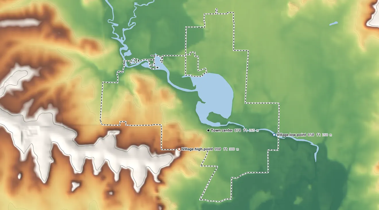 Topographic elevation map of Belleville, Wisconsin, shaded from 850 ft on the east side to 990 ft on the southwest side