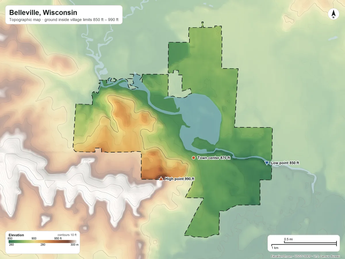 Topographic elevation map of Belleville, Wisconsin, shaded from 850 ft on the east side to 990 ft on the southwest side