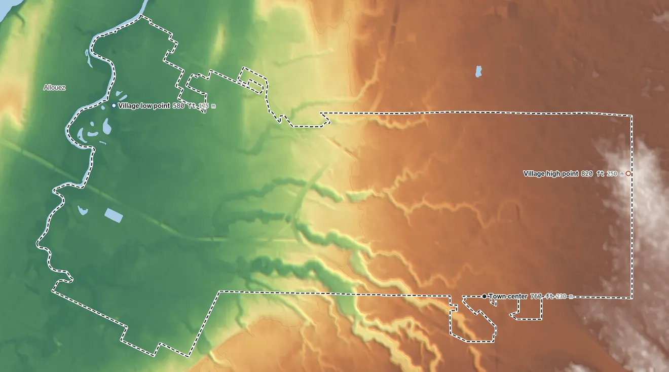 Topographic elevation map of Bellevue, Wisconsin, shaded from 580 ft on the northwest side to 820 ft on the northeast side