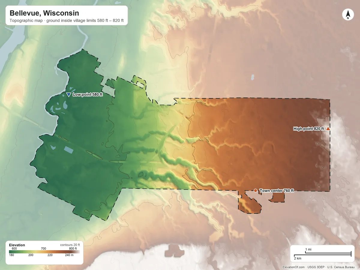 Topographic elevation map of Bellevue, Wisconsin, shaded from 580 ft on the northwest side to 820 ft on the northeast side