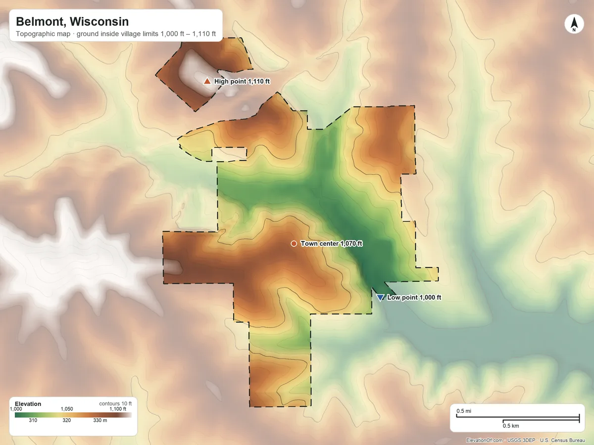Topographic elevation map of Belmont, Wisconsin, shaded from 1,000 ft on the southeast side to 1,110 ft on the northwest side