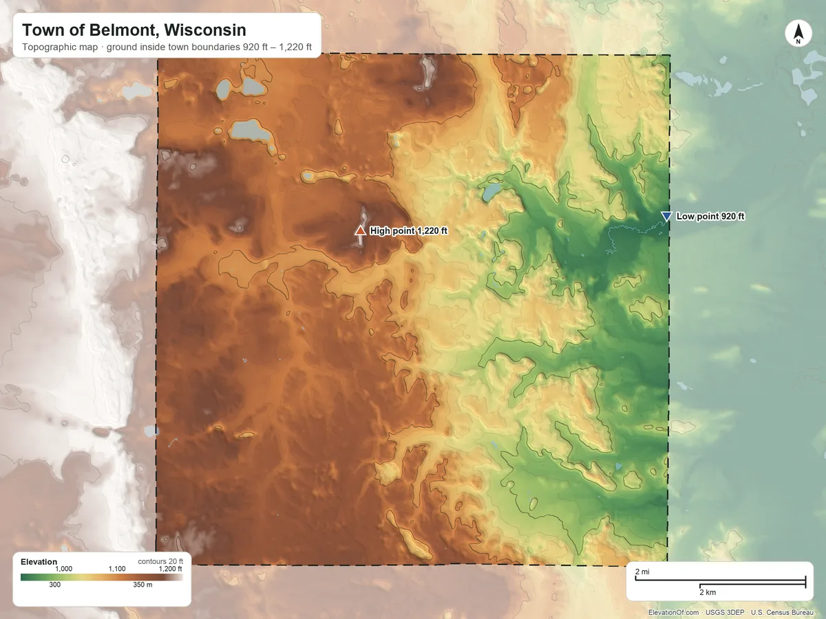 Topographic elevation map of Town of Belmont, Wisconsin, shaded from 920 ft on the east side to 1,220 ft on the north side