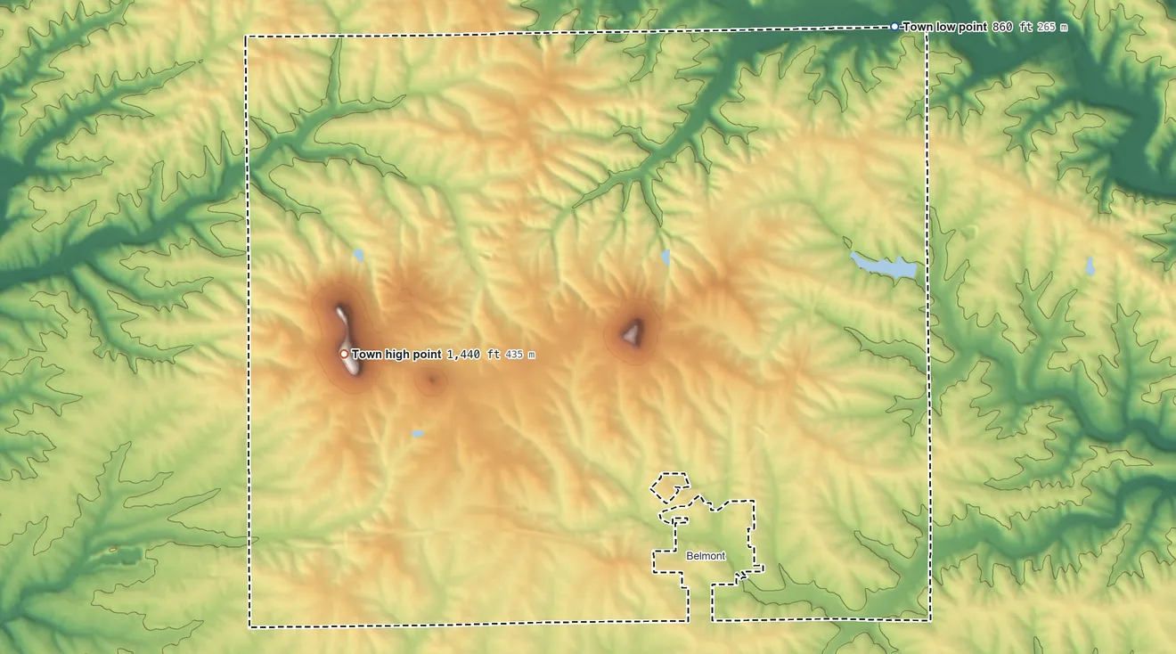 Topographic elevation map of Town of Belmont, Wisconsin, shaded from 860 ft on the northeast side to 1,440 ft on Platte Mounds