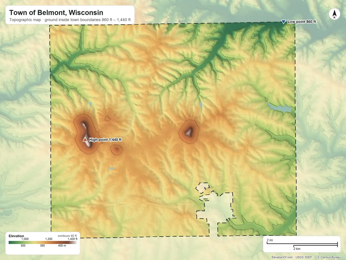 Topographic elevation map of Town of Belmont, Wisconsin, shaded from 860 ft on the northeast side to 1,440 ft on Platte Mounds