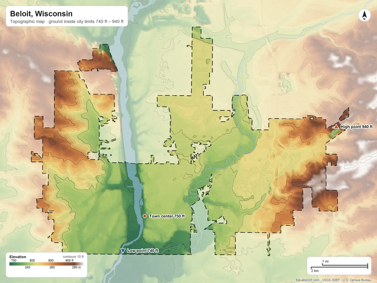 Topographic elevation map of Beloit, Wisconsin, shaded from 740 ft on the southwest side to 940 ft on the northeast side
