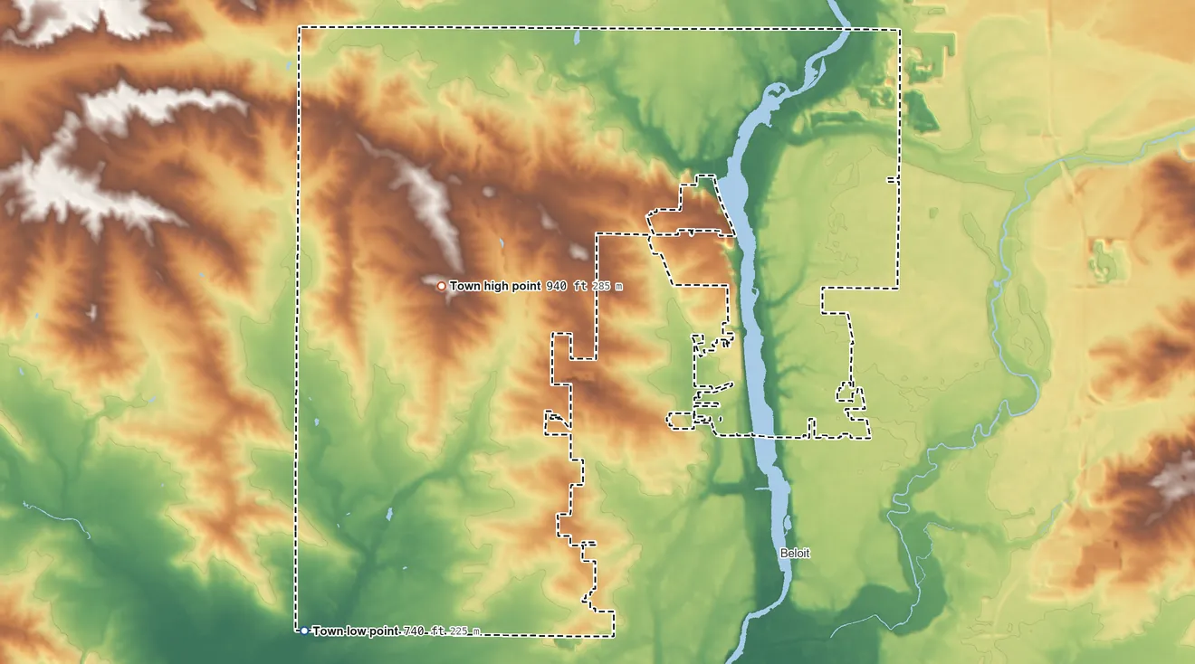 Topographic elevation map of Town of Beloit, Wisconsin, shaded from 740 ft on the southwest side to 940 ft on the west side