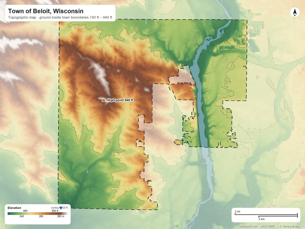 Topographic elevation map of Town of Beloit, Wisconsin, shaded from 740 ft on the southwest side to 940 ft on the west side