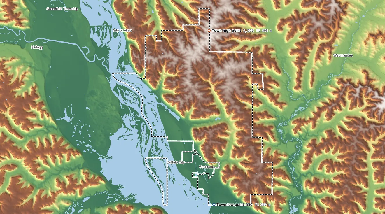 Topographic elevation map of Belvidere, Wisconsin, shaded from 650 ft on the south side to 1,290 ft on the north side