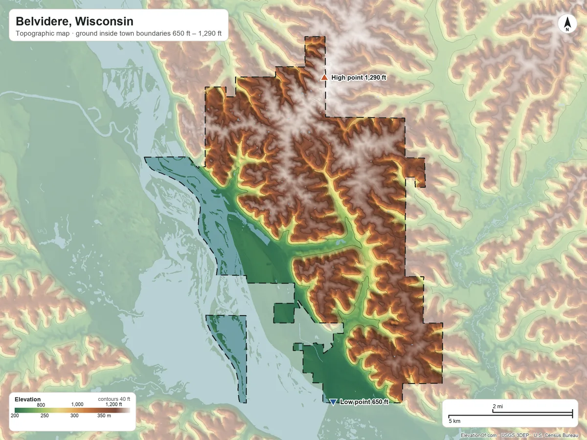 Topographic elevation map of Belvidere, Wisconsin, shaded from 650 ft on the south side to 1,290 ft on the north side