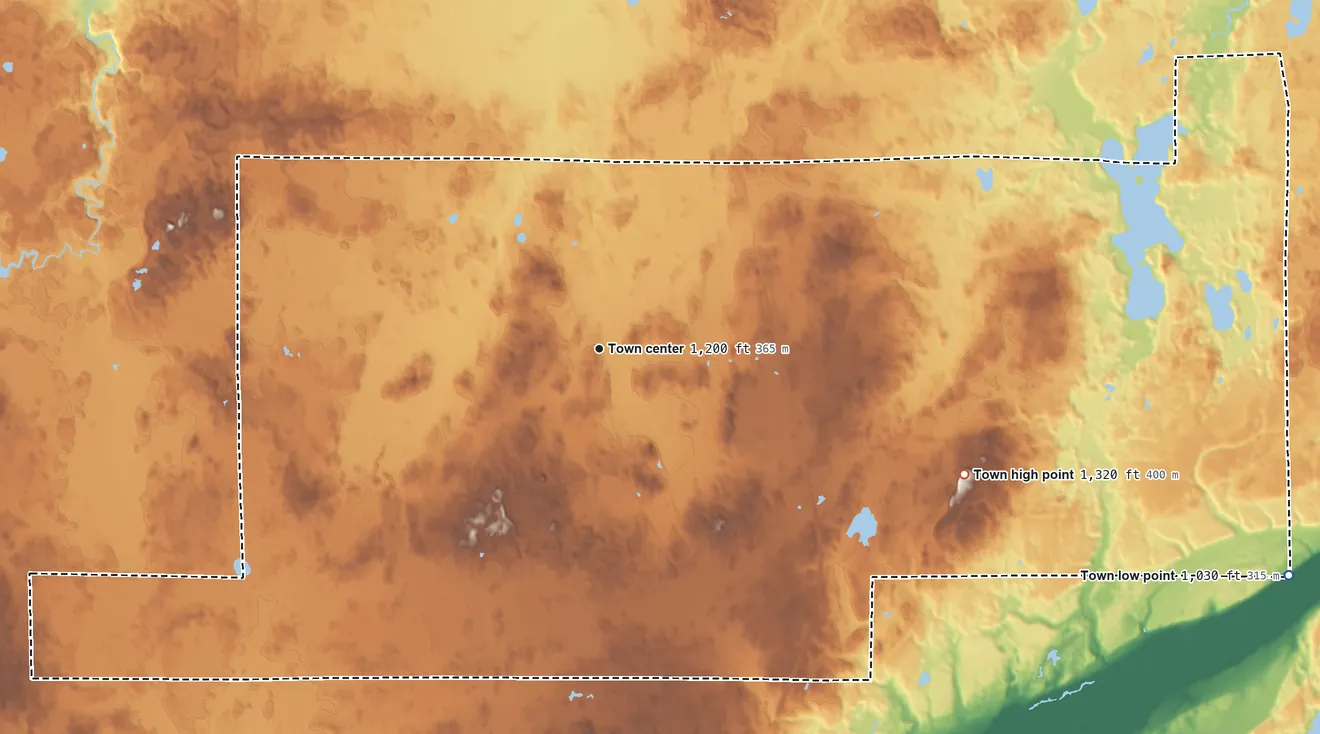 Topographic elevation map of Bennett, Wisconsin, shaded from 1,030 ft on the east side to 1,320 ft on the east side