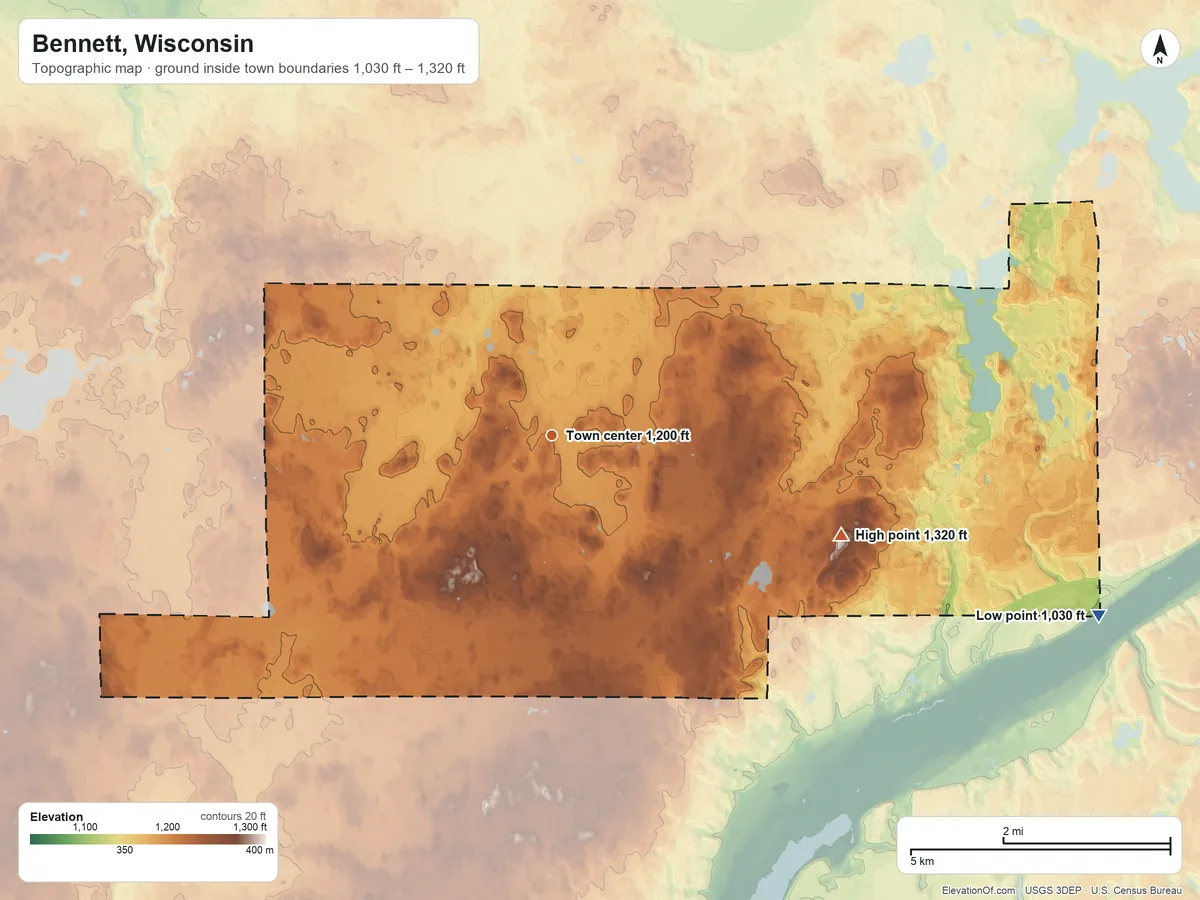 Topographic elevation map of Bennett, Wisconsin, shaded from 1,030 ft on the east side to 1,320 ft on the east side