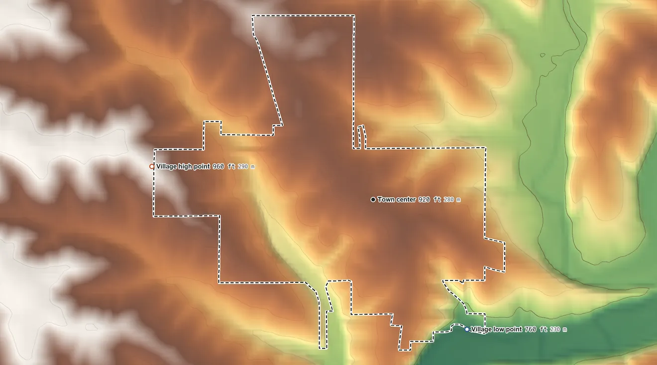 Topographic elevation map of Benton, Wisconsin, shaded from 760 ft on the southeast side to 960 ft on the west side