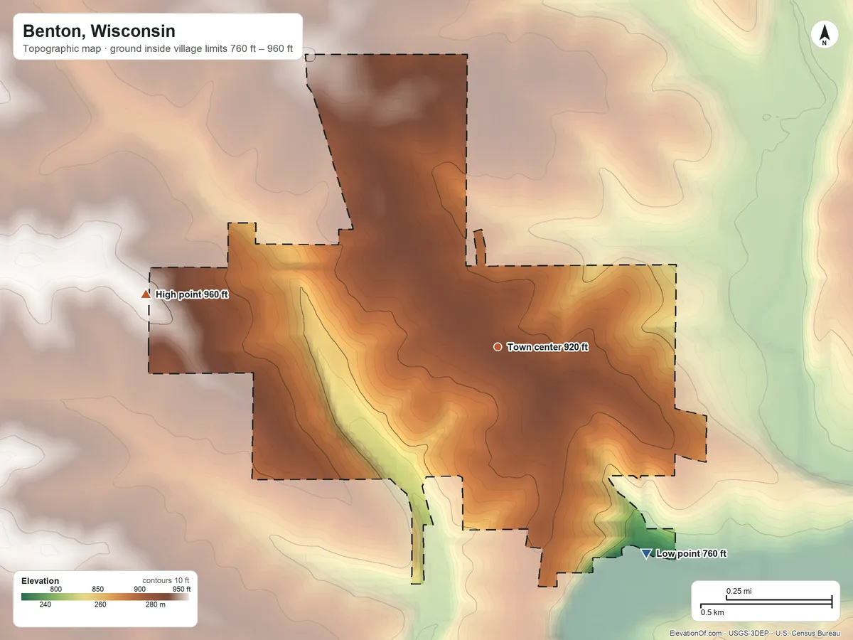 Topographic elevation map of Benton, Wisconsin, shaded from 760 ft on the southeast side to 960 ft on the west side