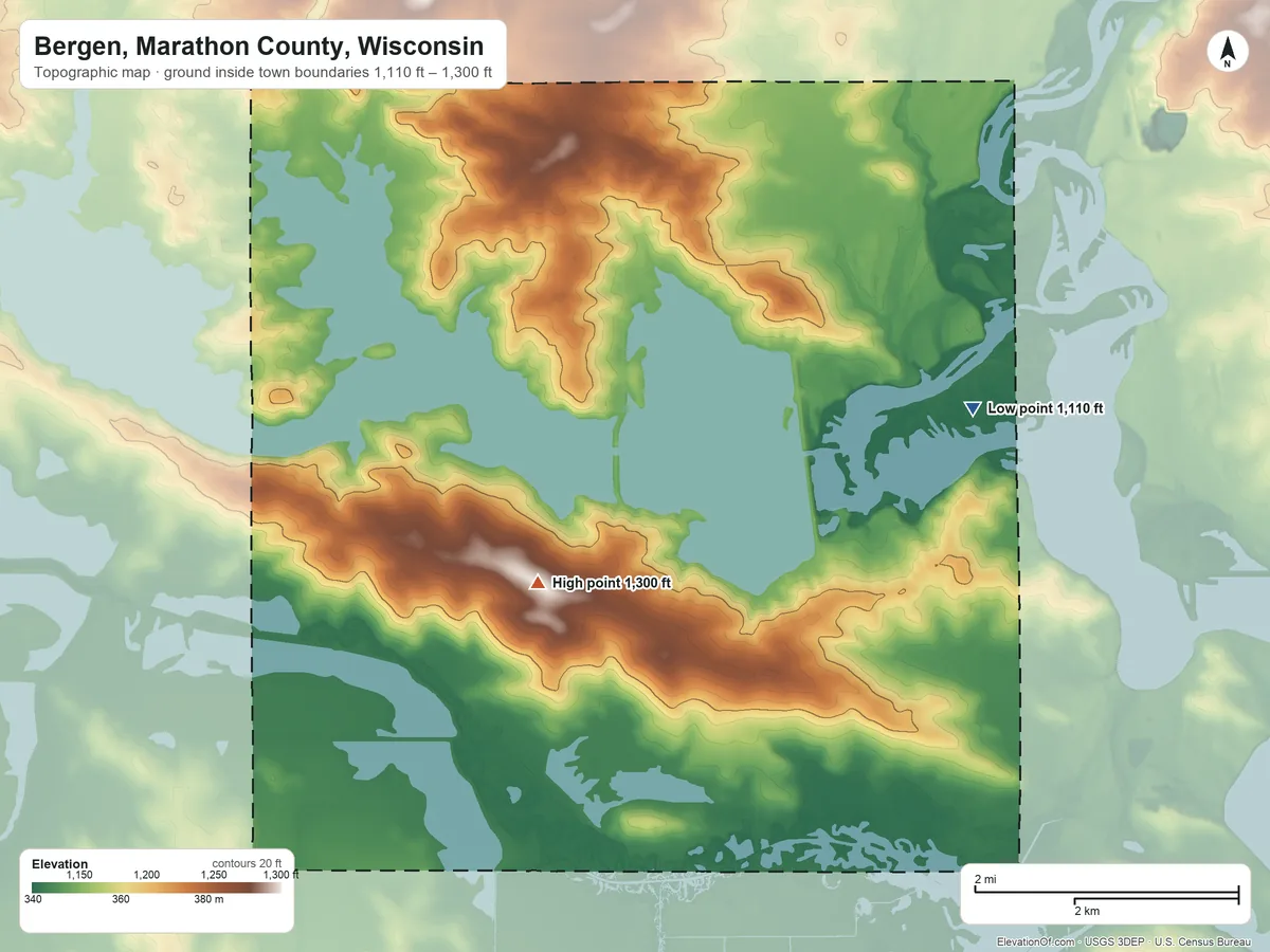 Topographic elevation map of Bergen, Marathon County, Wisconsin, shaded from 1,110 ft on the southeast side to 1,300 ft on the southwest side