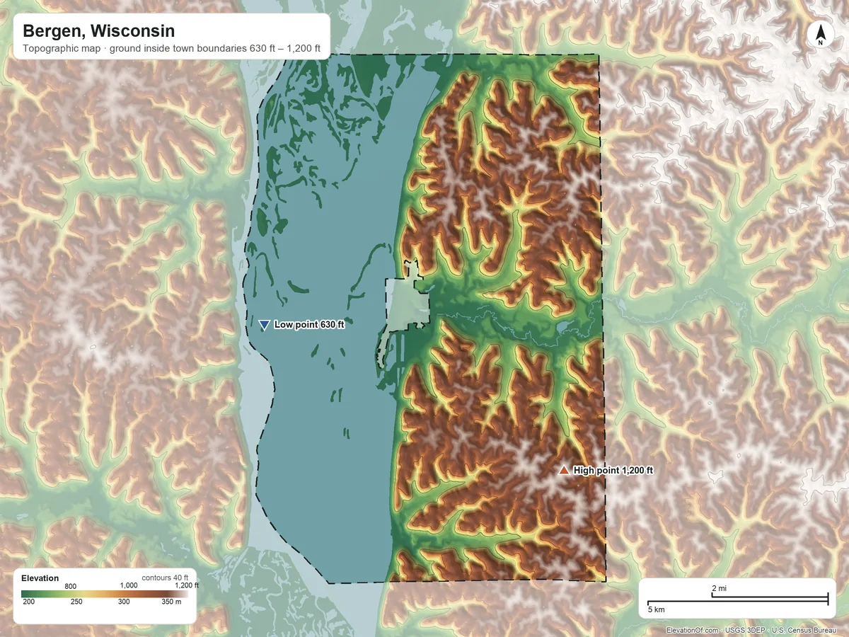 Topographic elevation map of Bergen, Wisconsin, shaded from 630 ft on the west side to 1,200 ft on the south side