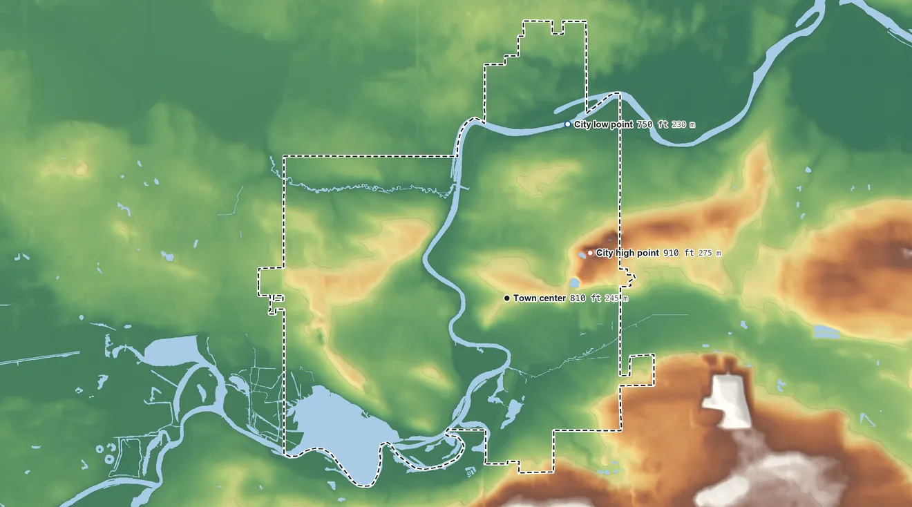 Topographic elevation map of Berlin, Wisconsin, shaded from 750 ft on the north side to 910 ft on the northeast side