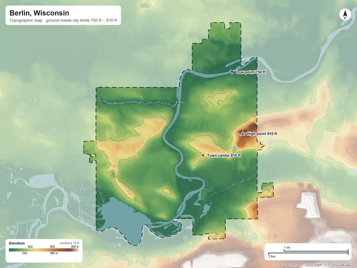 Topographic elevation map of Berlin, Wisconsin, shaded from 750 ft on the north side to 910 ft on the northeast side