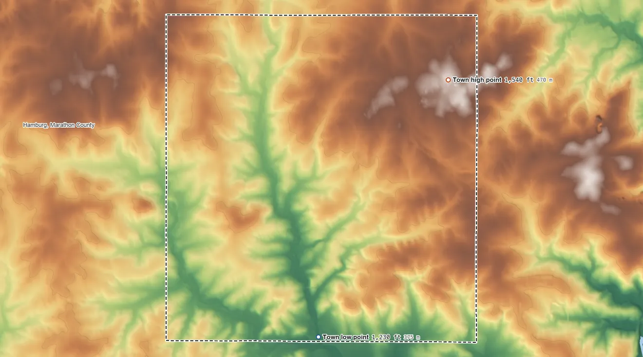 Topographic elevation map of Town of Berlin, Wisconsin, shaded from 1,230 ft on the south side to 1,540 ft on the northeast side